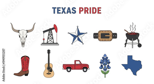 Ten cartoon icons representing Texas culture arranged in two rows