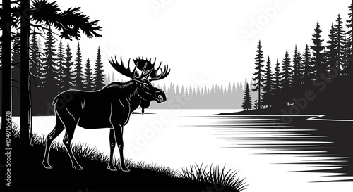 Silhouette of a moose standing by a lake surrounded by pine trees in a forest.