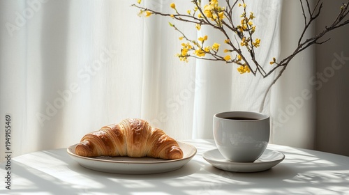 Coffee and Croissant Served on a Table With Soft Fabrics and Flowers Nearby i...