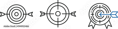 Target and goal achievement outline icons with arrow hitting bullseye representing success focus strategy and business objectives