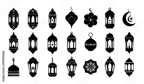 Islamic Ramadan lantern silhouettes collection with arabic hanging lamps eid fanous vector icons