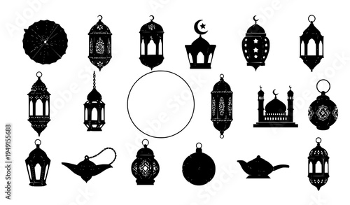 Arabic Ramadan lantern silhouette pack with islamic hanging lamps eid decoration vector icons
