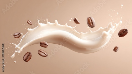 Energetic Creamy Milk Wave and Roasted Coffee Beans in Motion on a Warm Caramel Background
