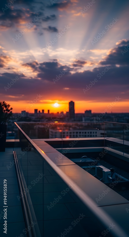 Obraz premium Stunning sunset view from a modern rooftop terrace overlooking the city skyline