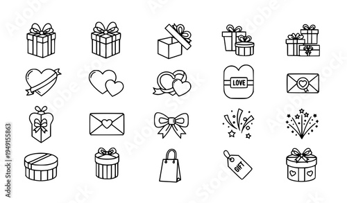 Outline present and heart icons pack with romantic celebration gift symbols editable stroke vector