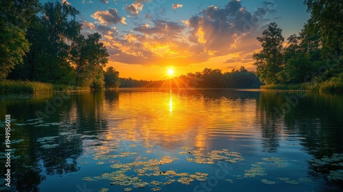 Golden Hour Serenity: Lake Reflection at Sunset with Lily Pads