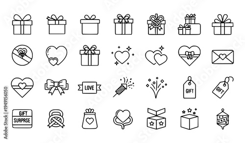 Linear celebration and romantic gift icons collection with outline presents hearts editable stroke vector set