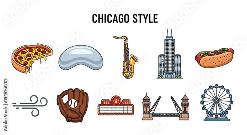 Chicago Style icons pizza sculpture saxophone skyscraper hot dog wind glove theater bridge and Ferris wheel