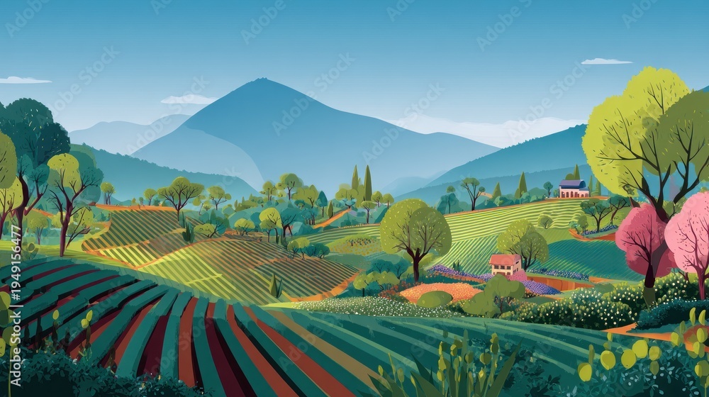 Fototapeta premium Idyllic Rolling Hills Farm Landscape with Striped Fields and Distant Mountains