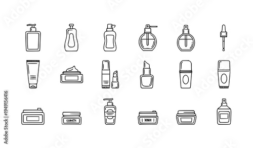 Minimal cosmetic packaging linear icons collection with editable outline stroke beauty bottles vector set