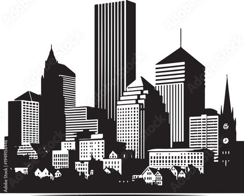 A sleek black vector illustration of the New York City skyscraper architecture featuring a downtown urban cityscape silhouette and business tower buildings against a panoramic sky