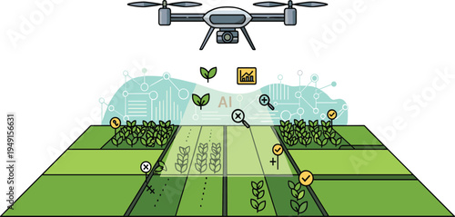 Agricultural drone monitoring crops with artificial intelligence sensors over farmland smart farming technology vector illustration for precision agriculture