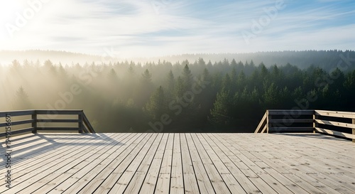 Wooden observation deck overlooking a misty pine forest at sunrise