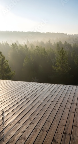 Wooden deck overlooking a misty pine forest at sunrise