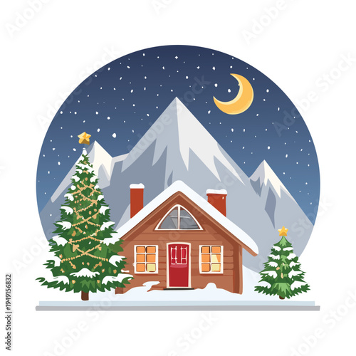 Christmas scene illustration wooden house snow mountains night sky holiday season