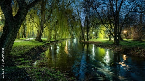 Serene Evening River Scene: Illuminated Willow Trees Reflecting in Water.