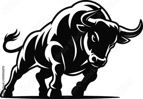 A black and white illustration of a charging bull