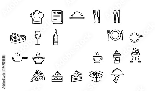 Dining and restaurant outline icon pack with chef menu wine steak serving symbols vector