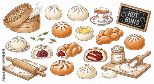 Hand Drawn Bun Shop Elements Set – Hot Bun Bakery Bread Sketch Vector Collection