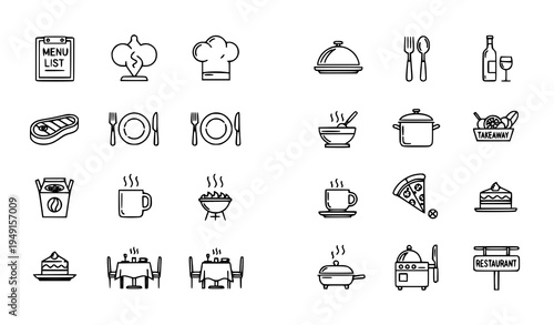 Restaurant and dining outline icons collection with chef menu steak serving tray vector set