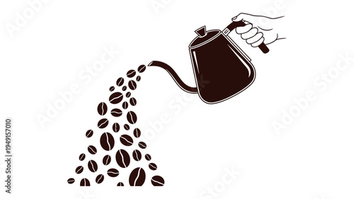 Coffee Beans Pour: A stylish illustration showcasing a hand-pouring cascade of coffee beans from a sleek kettle, a perfect visual for coffee aficionados.