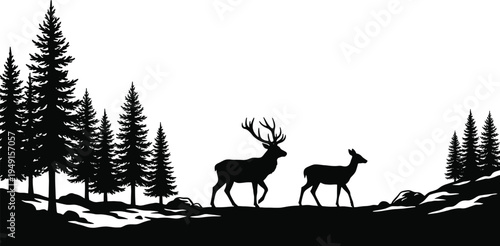 Majestic Deer Silhouettes Walking Through Pine Forest Landscape at Dusk, Wildlife Nature Scene with Elk and Doe in Mountain Wilderness Illustration