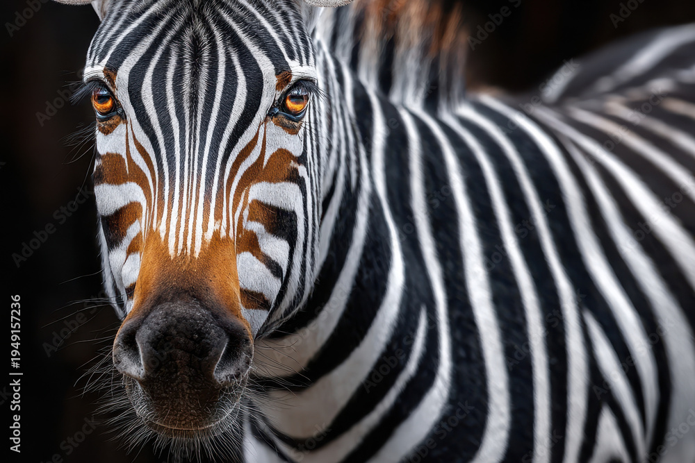 Naklejka premium Striking zebra with vivid eyes standing in its natural habitat during daylight