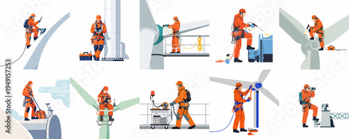 A collection of illustrations featuring a wind turbine technician performing maintenance, repair, and inspection tasks in high-visibility gear.
