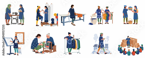 Illustration set depicting various stages of a sustainable and ethical textile manufacturing process, featuring women working in garment production and design.