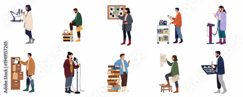 Diverse people working on true crime investigation and podcast production including research, recording, and audio editing.