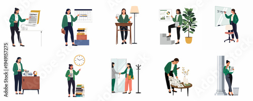 Set of flat illustrations featuring a professional businesswoman in various office scenarios including contract signing, data analysis, and corporate management tasks.