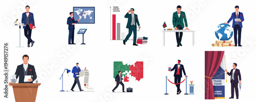 Set of businessmen and diplomats in formal suits engaged in global trade, negotiations, public speaking, and various professional diplomatic activities.