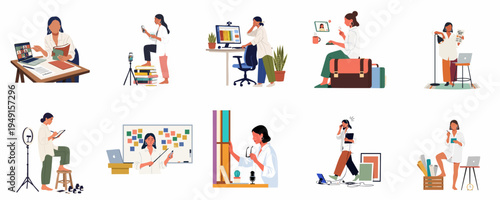 Diverse set of flat vector illustrations showcasing a young woman working remotely, participating in video calls, and creating digital content from home.
