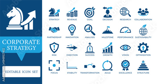 Corporate Strategy and Business Management Icons. Featuring leadership, strategic planning, financial growth, and market analysis symbols. Editable vector set for professional reports