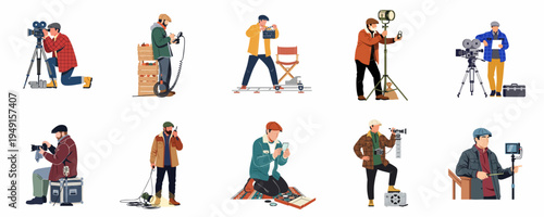 A comprehensive set of flat illustrations depicting various professional film crew members and production staff with cinema equipment on a white background.