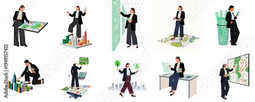 Collection of illustrations featuring a professional woman architect and urban planner working on city development, mapping, and smart technology projects in various scenarios.