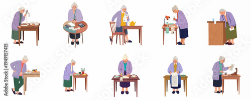 Set of illustrations showing an elderly woman managing household finances, paying bills, and budgeting with a calculator and receipts.
