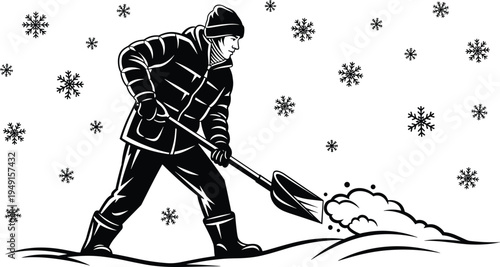 Winter snow shoveling worker clearing driveway during snowfall, seasonal cold weather labor, black and white vintage style illustration outdoor wintertime