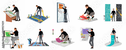 Set of professional urban planners and architects working on city maps and sustainable infrastructure projects in a modern flat vector illustration style.
