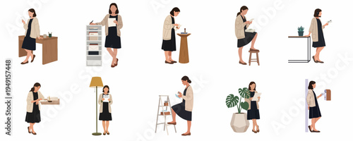Set of flat vector illustrations featuring a woman performing various office tasks, including sorting mail, filing documents, and writing letters.