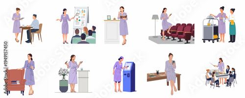 Collection of professional hospitality and business scenes featuring a woman in a purple uniform in various work settings like hotels, offices, and conferences.