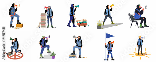 Set of diverse young people and activists shouting into megaphones and advocating for human rights and social justice in flat vector illustration style.