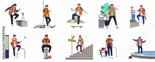 Set of flat vector illustrations featuring a young man in an orange vest engaging in various urban activities and using mobile technology.