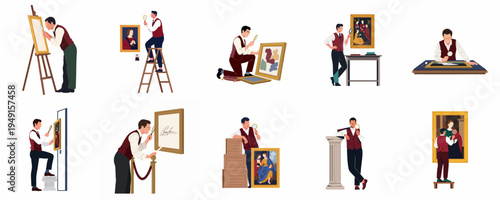 Collection of illustrations featuring an art expert examining and authenticating various paintings with a magnifying glass in gallery and museum settings.
