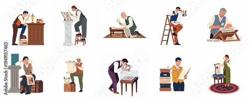 Set of diverse researchers and historians examining ancient manuscripts, scrolls, and museum artifacts with magnifying glasses in a vintage illustration style.