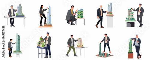 Collection of architects and designers presenting sustainable skyscraper architectural models and modern green building concepts in a professional flat vector illustration style.