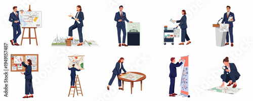Collection of professional business characters in pinstripe suits analyzing transit maps and city models for urban planning and infrastructure development projects.
