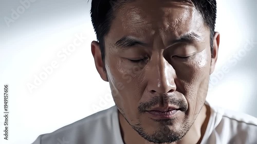 Asian man with sweat on face.