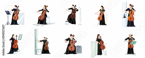 Minimalist illustration collection of a female cellist in a black dress performing in various poses and settings on a white background.