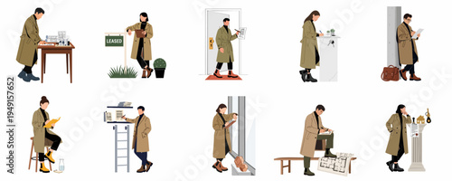 Minimalist illustrations of real estate professionals and architects signing leases, inspecting properties, and reviewing blueprints in stylish trench coats.